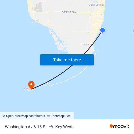 Washington Av & 13 St to Key West map