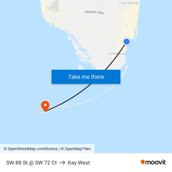 SW 88 St @ SW 72 Ct to Key West map