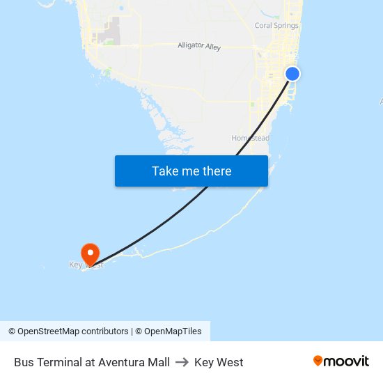 Bus Terminal at Aventura Mall to Key West map