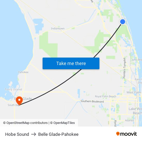 Hobe Sound to Belle Glade-Pahokee map
