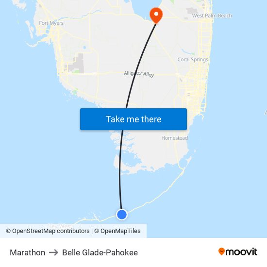 Marathon to Belle Glade-Pahokee map