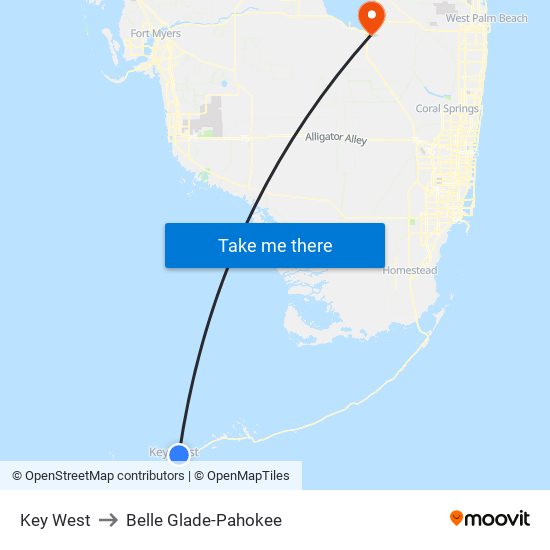 Key West to Belle Glade-Pahokee map