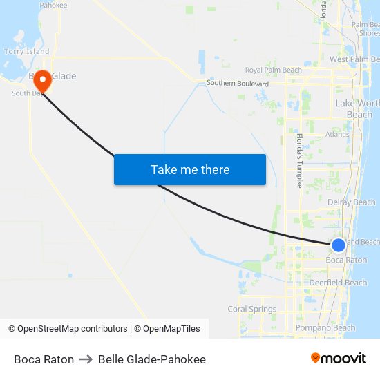 Boca Raton to Belle Glade-Pahokee map