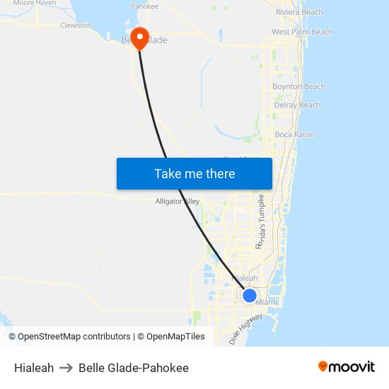 Hialeah to Belle Glade-Pahokee map
