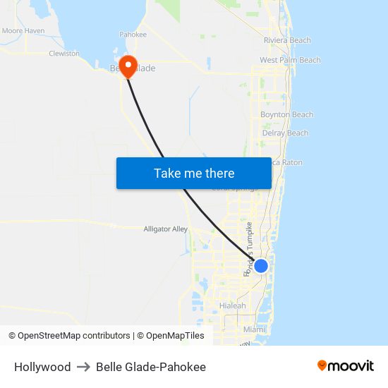 Hollywood to Belle Glade-Pahokee map