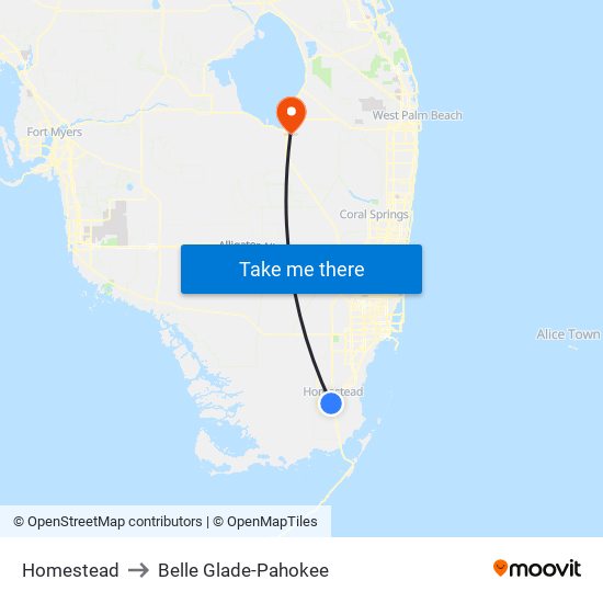 Homestead to Belle Glade-Pahokee map