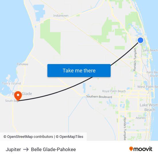 Jupiter to Belle Glade-Pahokee map