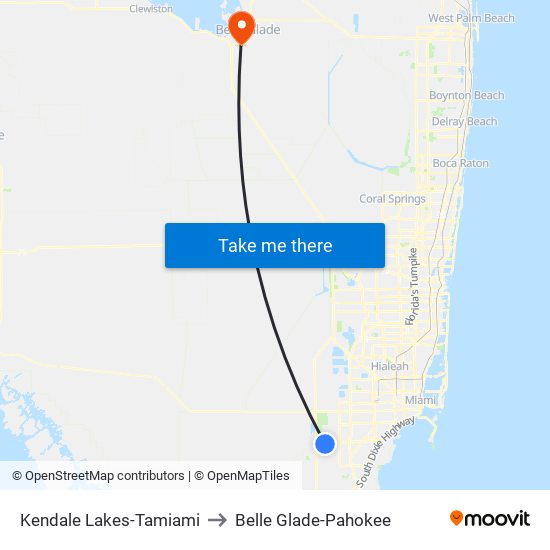 Kendale Lakes-Tamiami to Belle Glade-Pahokee map