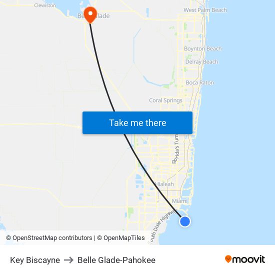 Key Biscayne to Belle Glade-Pahokee map