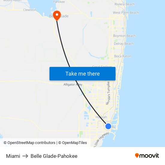 Miami to Belle Glade-Pahokee map