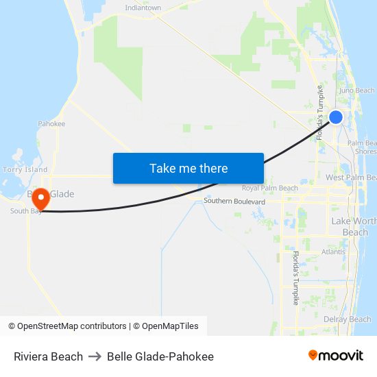 Riviera Beach to Belle Glade-Pahokee map