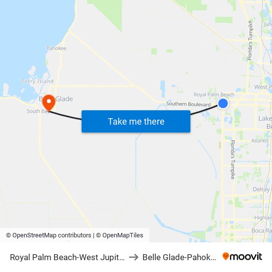 Royal Palm Beach-West Jupiter to Belle Glade-Pahokee map