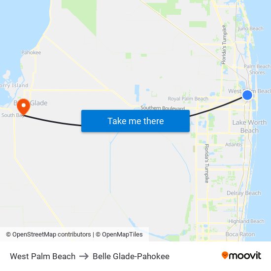 West Palm Beach to Belle Glade-Pahokee map