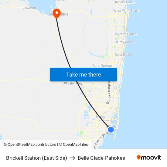 Brickell Station (East Side) to Belle Glade-Pahokee map