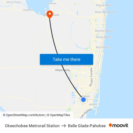 Okeechobee Metrorail Station to Belle Glade-Pahokee map