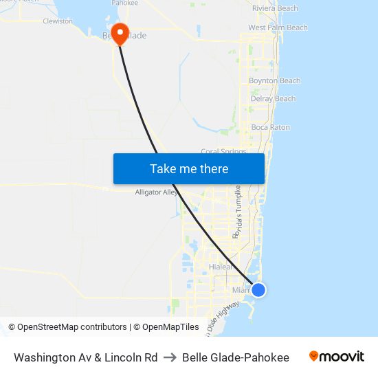 Washington Av & Lincoln Rd to Belle Glade-Pahokee map