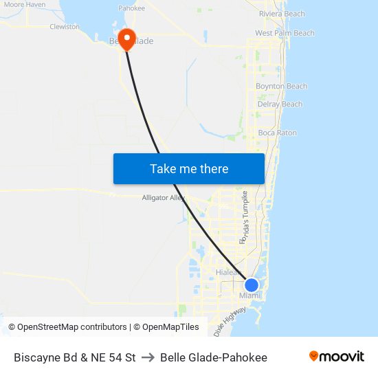 Biscayne Bd & NE 54 St to Belle Glade-Pahokee map