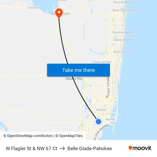 W Flagler St & NW 67 Ct to Belle Glade-Pahokee map