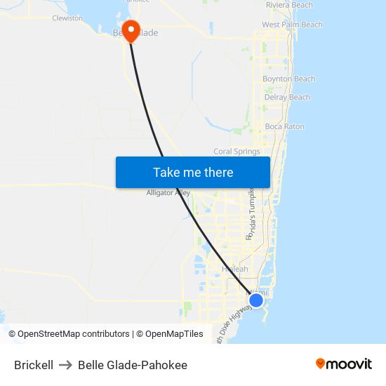 Brickell to Belle Glade-Pahokee map