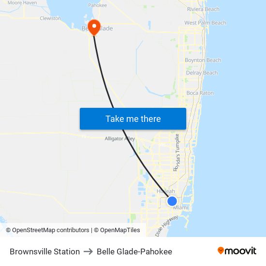 Brownsville Station to Belle Glade-Pahokee map