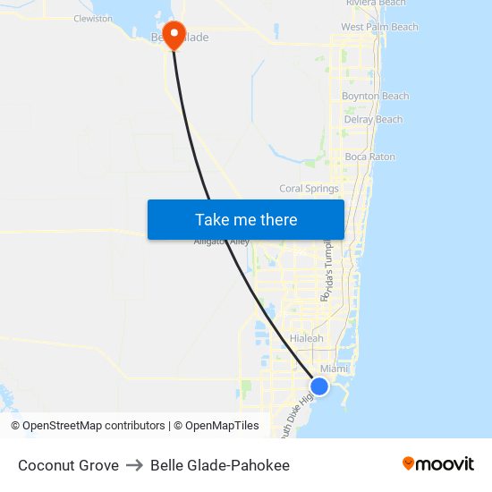 Coconut Grove to Belle Glade-Pahokee map