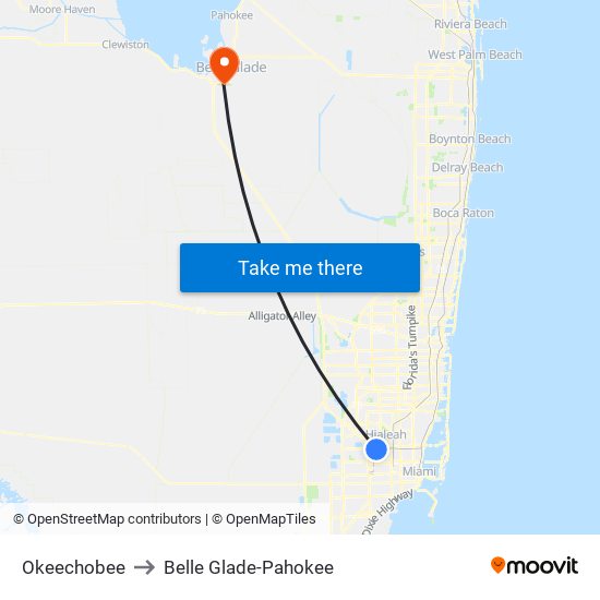 Okeechobee to Belle Glade-Pahokee map