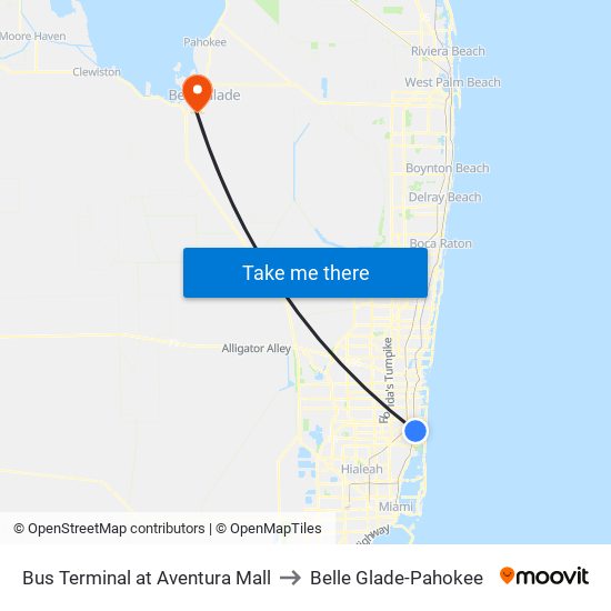 Bus Terminal at Aventura Mall to Belle Glade-Pahokee map