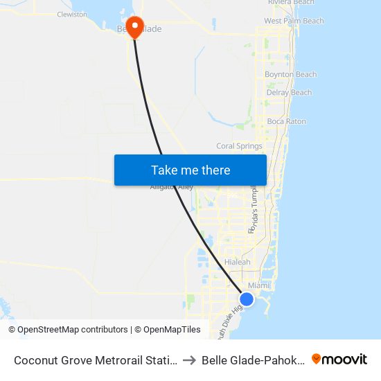 Coconut Grove Metrorail Station to Belle Glade-Pahokee map