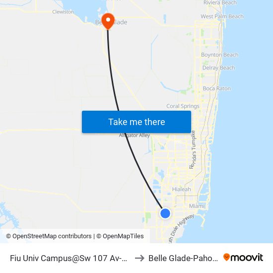 Fiu Univ Campus@Sw 107 Av-17 St to Belle Glade-Pahokee map