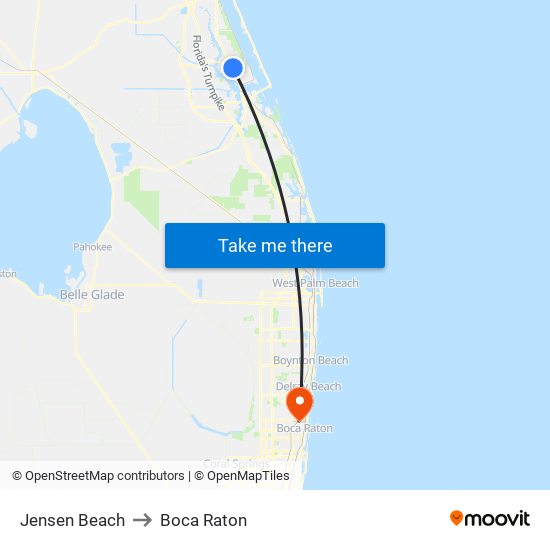 Jensen Beach to Boca Raton map