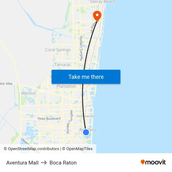Aventura Mall to Boca Raton map