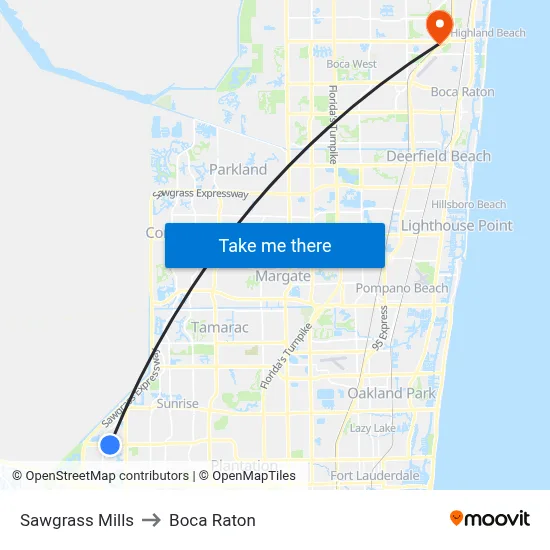 Sawgrass Mills to Boca Raton map