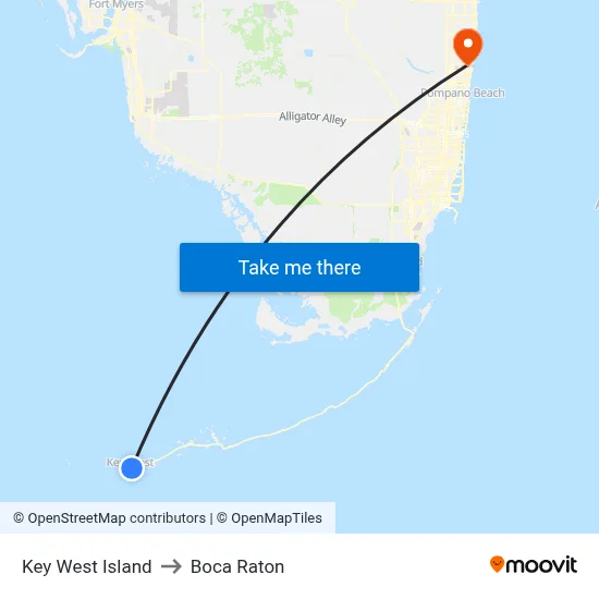 Key West Island to Boca Raton map