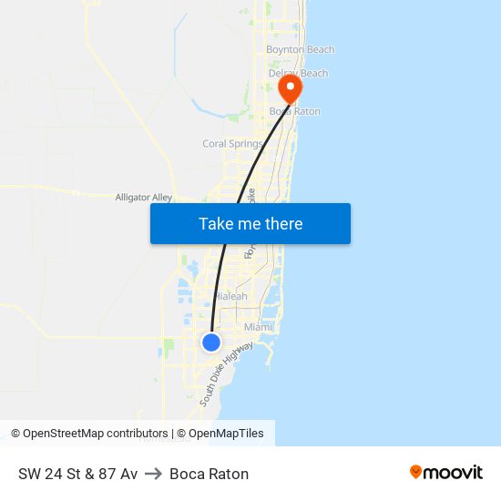 SW 24 St & 87 Av to Boca Raton map