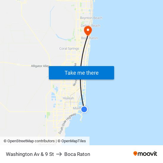 Washington Av & 9 St to Boca Raton map