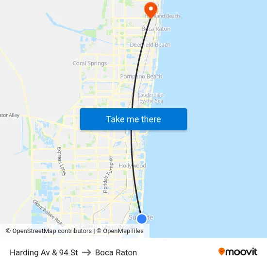 Harding Av & 94 St to Boca Raton map
