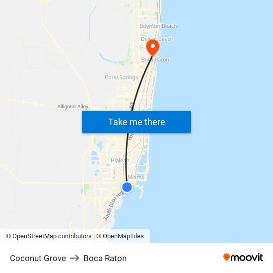 Coconut Grove to Boca Raton map