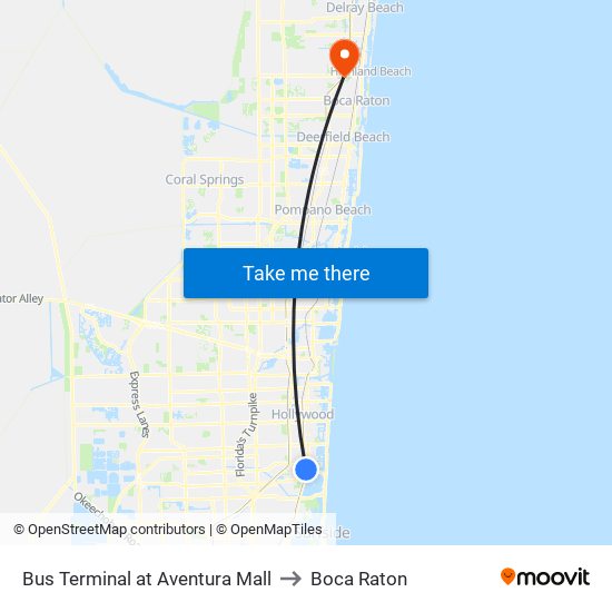Bus Terminal at Aventura Mall to Boca Raton map