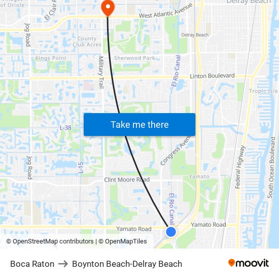 Boca Raton to Boynton Beach-Delray Beach map