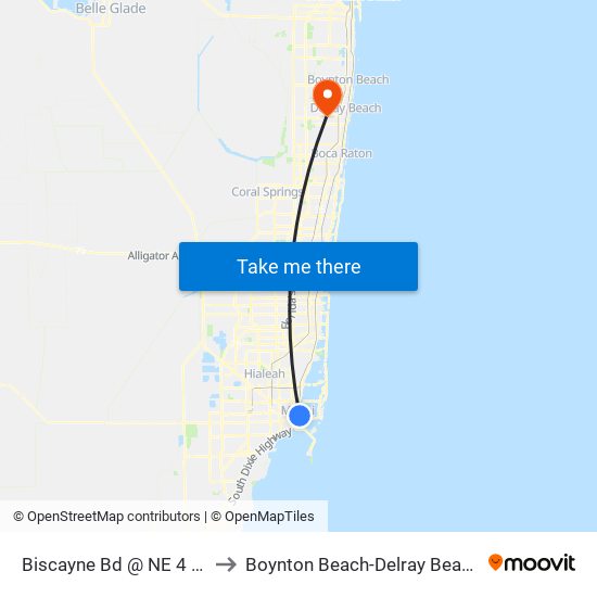 Biscayne Bd @ NE 4 St to Boynton Beach-Delray Beach map