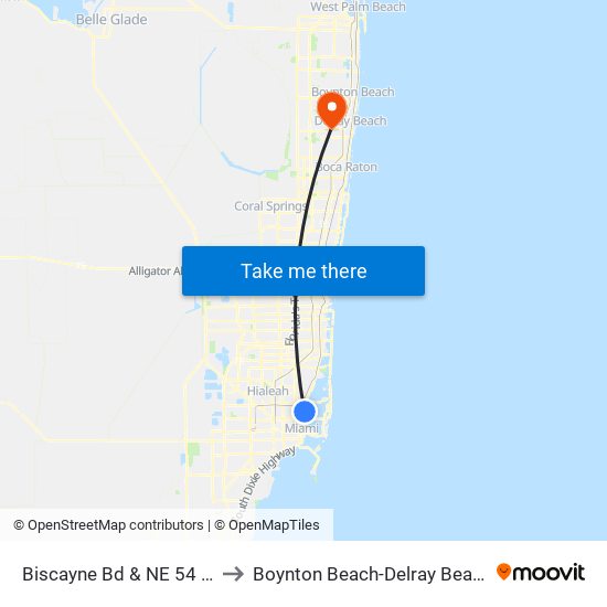 Biscayne Bd & NE 54 St to Boynton Beach-Delray Beach map