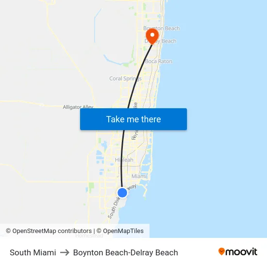 South Miami to Boynton Beach-Delray Beach map