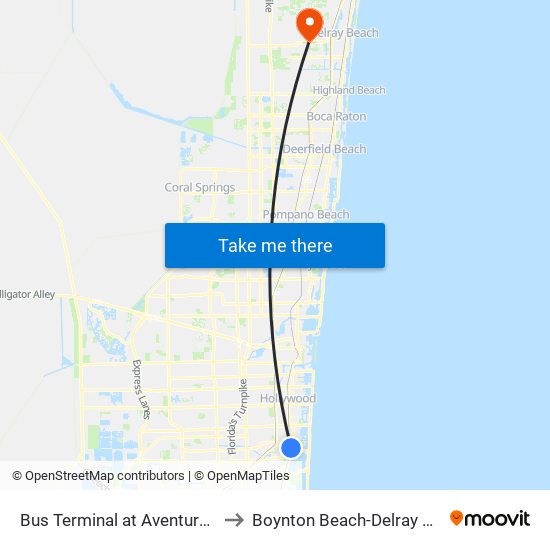 Bus Terminal at Aventura Mall to Boynton Beach-Delray Beach map