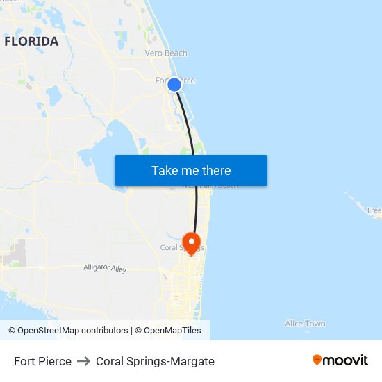 Fort Pierce to Coral Springs-Margate map