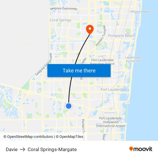 Davie to Coral Springs-Margate map