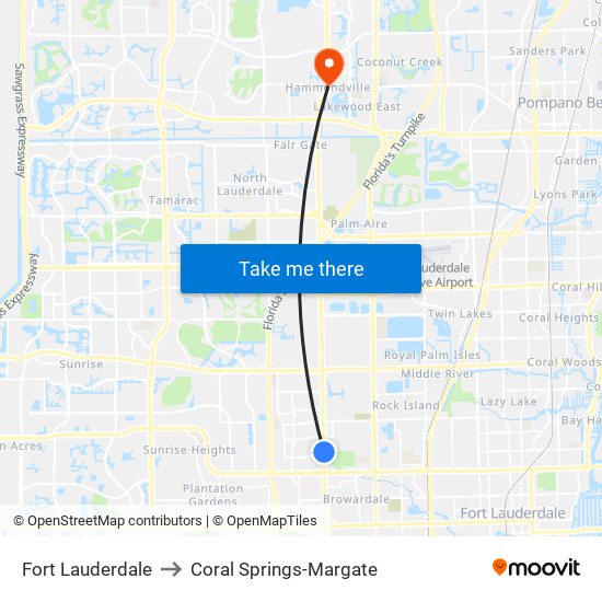 Fort Lauderdale to Coral Springs-Margate map