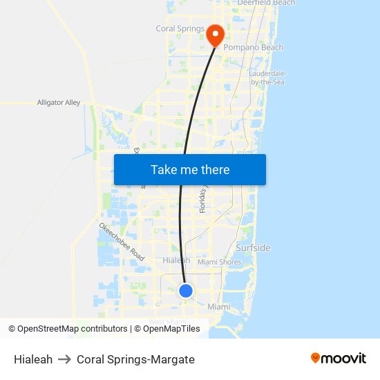 Hialeah to Coral Springs-Margate map