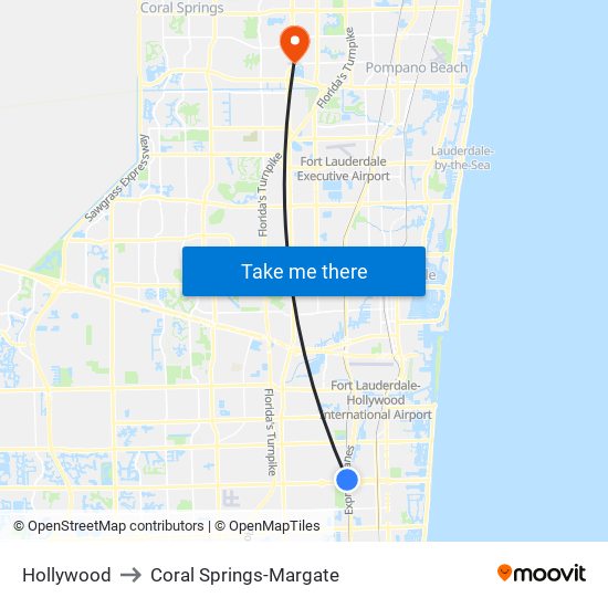 Hollywood to Coral Springs-Margate map