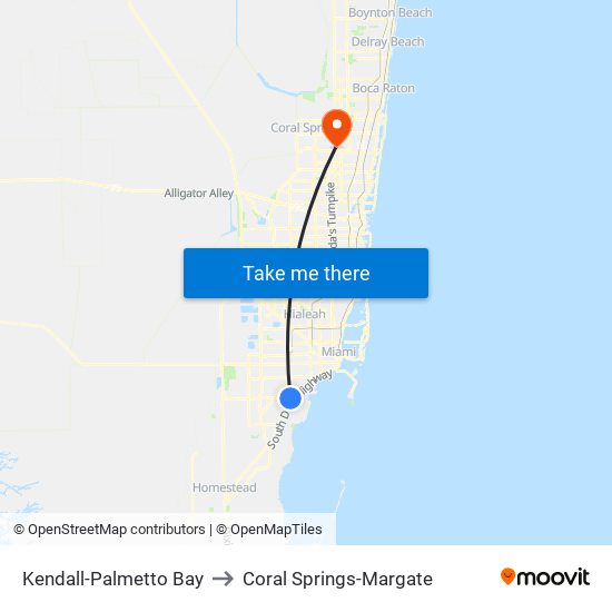 Kendall-Palmetto Bay to Coral Springs-Margate map