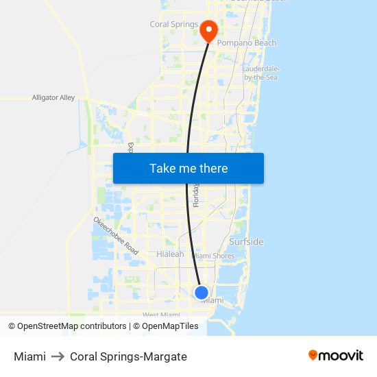 Miami to Coral Springs-Margate map